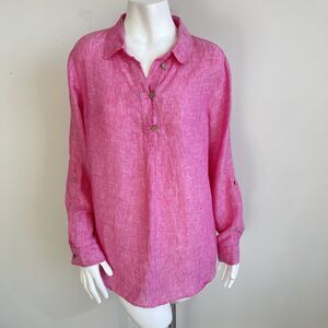 Sigrid Olsen Womens Large 100% Linen Roll Tab Sleeves Tunic Shirt Coastal Preppy